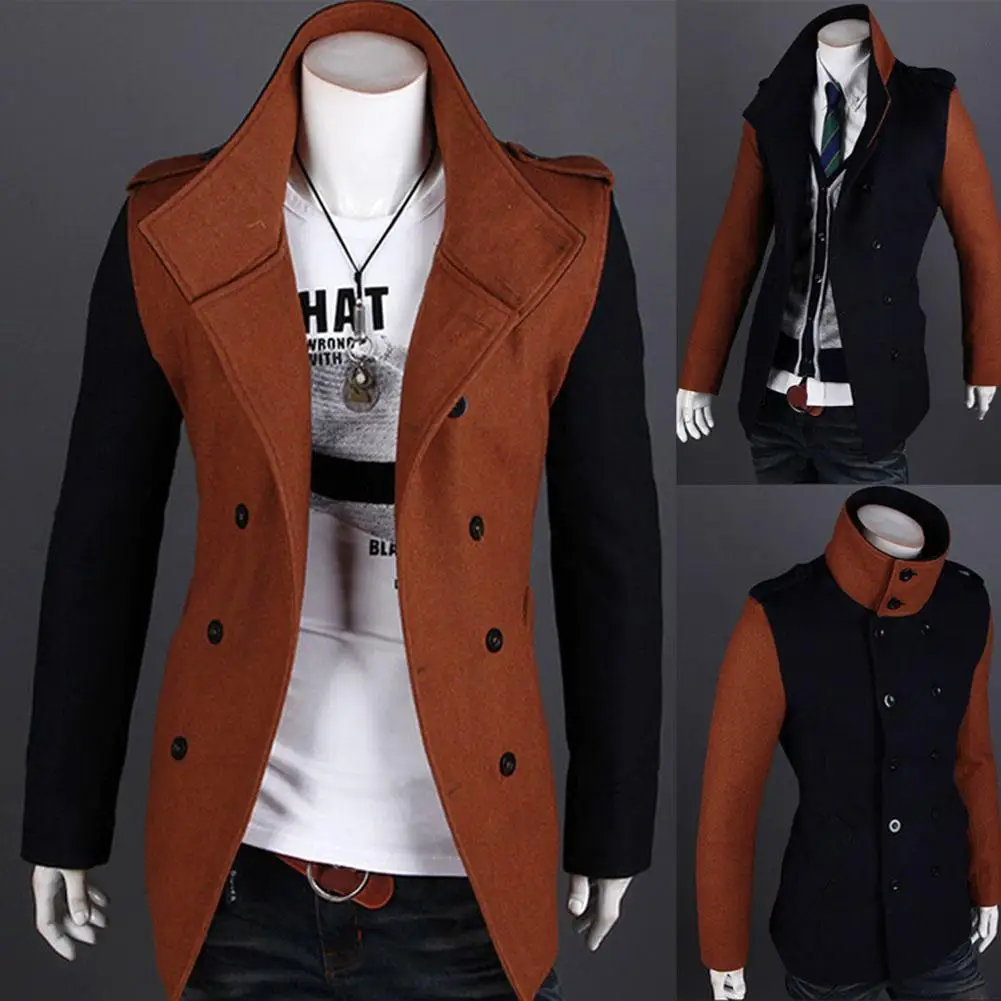 Studyset Men Double-breasted Coat Fashion Contrast Color Middle Long Lapel Windbreaker Overcoat contrast color breathable