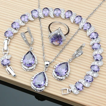 

Classic Drop 925 Sterling Silver Jewelry Sets Purple Amethyst Earrings Rings Fine Accessories Wdding Necklace Set Dropshipping