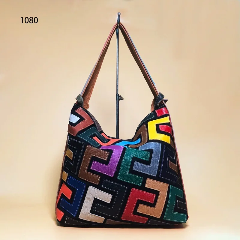 

New Style WOMEN'S Leather Bags Yushoukuan Cowhide Color Contrast Color Mixed Colors Shoulder Casual Bag