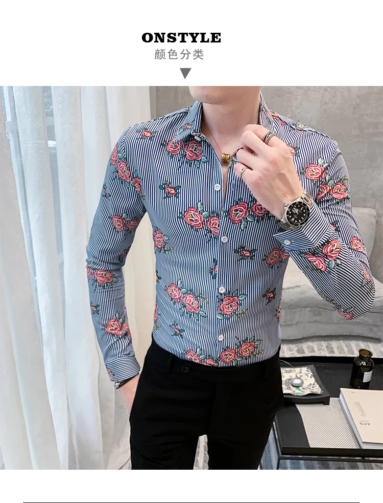 Повседневные мужские рубашки, модные нарядные Клубные наряды Chemise noøl Homme French Shirt Slim Fit Printed Camisas Para Homem