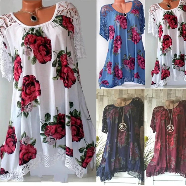 5XL красивые летние женские кружевные лоскутные рубашки размера плюс с рукавом летучая мышь с цветочным принтом