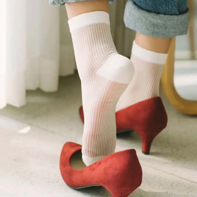 Japanese Women Girls Plain Solid Color Ankle Socks Thin Sheer Glass Fiber Splicing Jacquard Vertical Striped Short Tube Hosiery | Женская