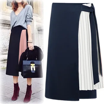 

Pleated skirt High waist 2020 spring new fashion Casual OL office lady clothing streetwear women skirt black Patchwork Mid-Calf