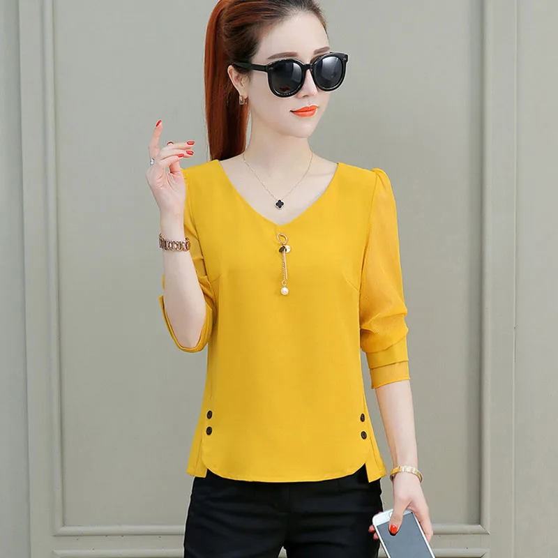 Mulheres Primavera Estilo Шифоновые Блузки Camisas Senhora Ocasional de Quartos Manga Com Decote Em V Blusas топы |