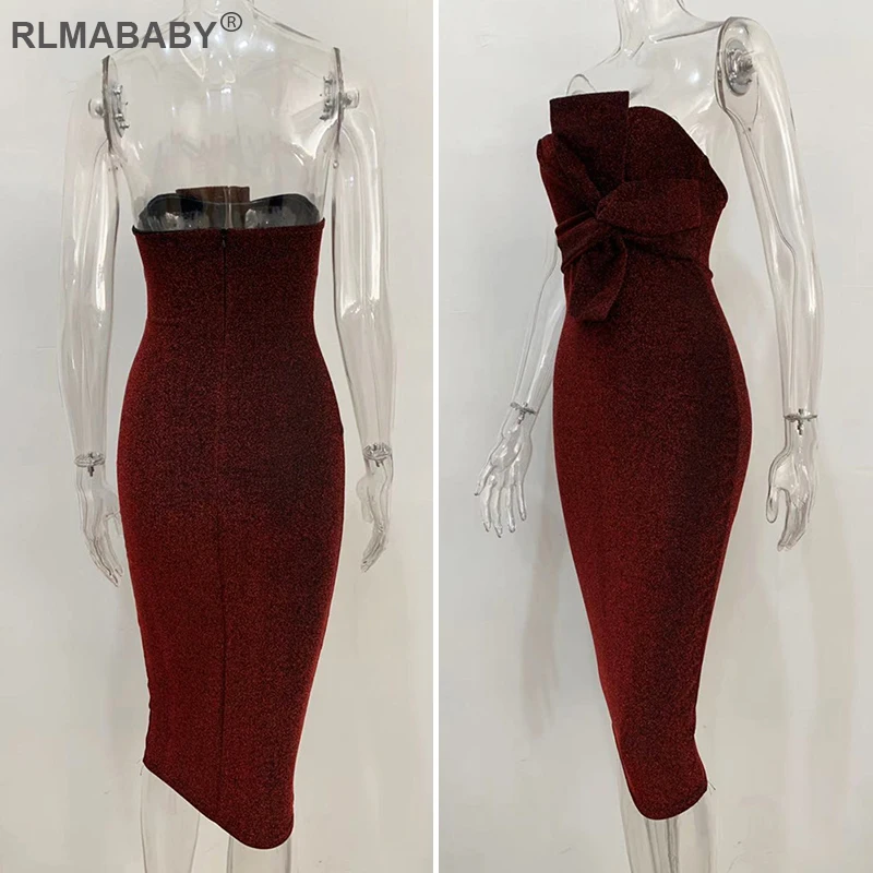 Rlmaaby, 7 цветов, блестящее, элегантное, Бандажное, с бантом, вечерние, без бретелек, с открытой спиной, облегающее, миди, платье, сексуальное, для женщин, Осень-зима, платье