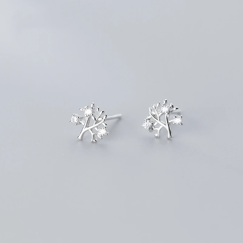

100% Solid 925 Sterling Silver Stud Earrings Transparent Cubic Zirconia Branches Earrings Jewelry For Fashion Women Party Gift