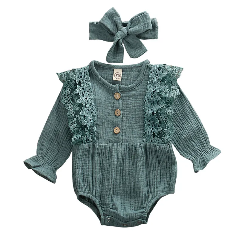 Dark green Pudcoco/Кружевное боди принцессы для новорожденных; комбинезон из хлопка и льна; мягкая модная одежда с длинными рукавами; комплект из 2 предметов; сезон осень-От 0 до 2 лет - Цвет: Dark green