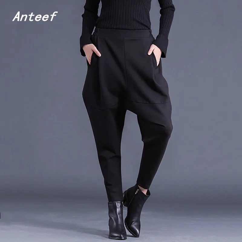 black cotton plus size high waist casual loose autumn winter ladies trousers Hanging harem pants women streetwear clothes