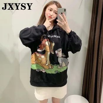 

JXYSY 2019 Autumn Winter Hoodies Women Sweatshirt High Street Vintage Cartoon Animal Print Hooded Sweatshirt Women Tops