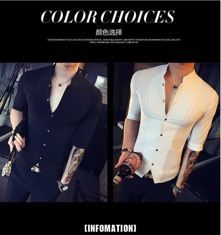 Camisa de estilo chino de cuello alto para hombres ropa de Corea de ajuste delgado para hombres de media manga