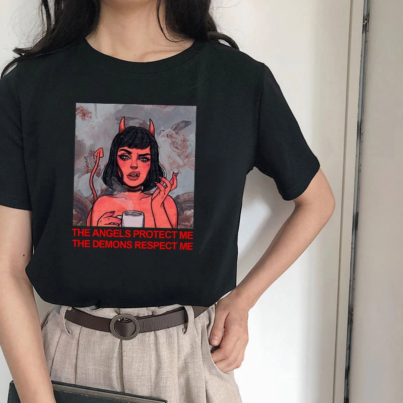 Винтажные летние топы Harajuku с надписью Devil веселые свободные коротким рукавом в