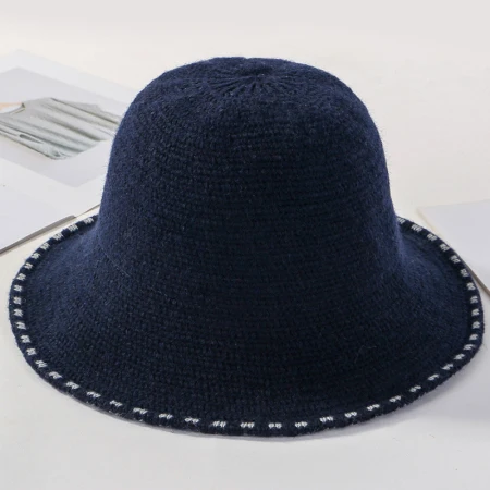 Navy Blue HT2744 ведро шапка, сезон осень-зима шляпа для женщин Твердые широкие полями Кепка с покрывалом толстые теплые женские шапки Дамы Упакованные зимние трикотажные изделия - Цвет: Navy Blue