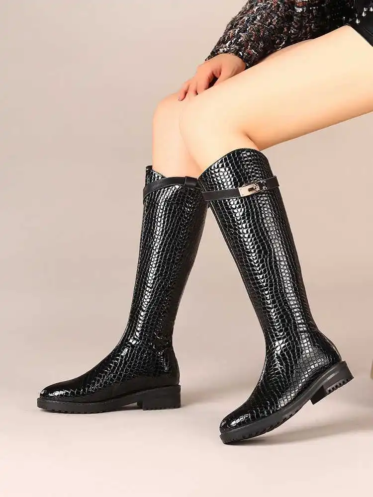 Luxury brand new winter thigh high boots women riding boots stone pattern metal buckle keep warm knight boots zapatos de mujer