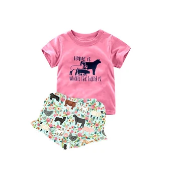 

short sleeve girls summer sets boutique farm pattern ruffle short sets for cute girls