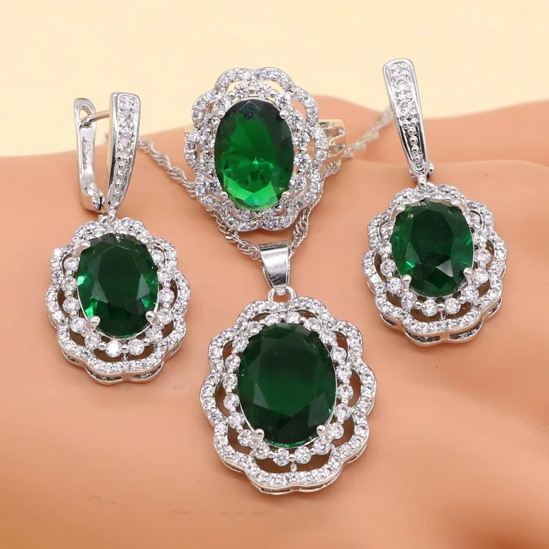 Green 3PCS Зеленый полудрагоценный женский 925 штампованный Серебряный свадебный ювелирный набор с браслетом ожерелье кулон серьги кольцо подарок на день рождения - Окраска металла: Green 3PCS
