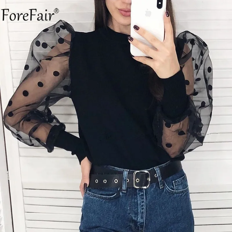 Forefair/блузка в горошек с длинными рукавами-фонариками Женская Повседневная