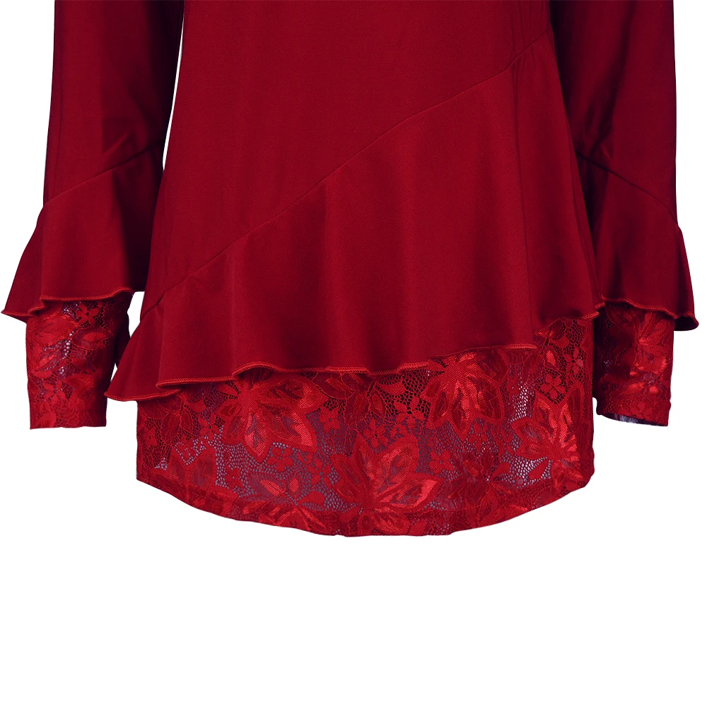 YTL элегантная женская блузка, осенняя красная с круглым вырезом, украшенная стразами, с расклешенными рукавами, Повседневная рубашка для свадьбы размера плюс 7XL 8XL H270