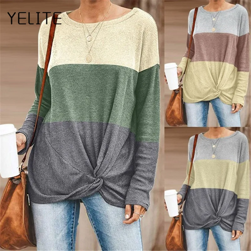 

YELITE 2019 Tops Women T-Shirt Autumn Loose Round Collar Color Matching Long Sleeve T-shirts Casual Simple Harajuku Wild T-Shirt