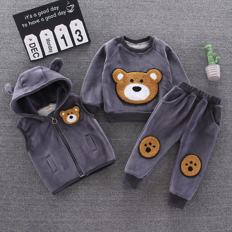 baby outfit matching set Baby clothes winter thick warm suit cartoon bear hooded sweater baby boy baby girl fleece children gold velvet three-piece suit best Baby Clothing Set