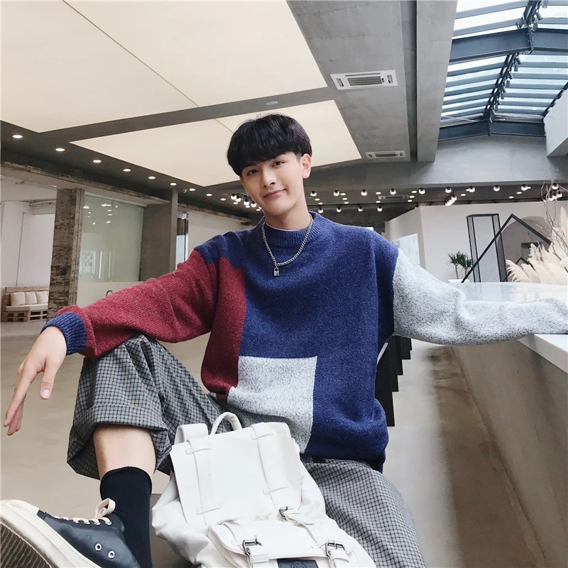 Winter Sweater Men's Warm Fashion Contrast Color Stitching Casual Knit Sweater Man Loose Long-sleeved Pullover Male Clothes Winter Sweater Men's Warm Fashion Contrast Color Stitching Casual Knit Sweater Man Loose Long-sleeved Pullover Male Clothes