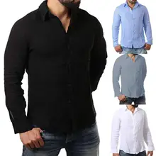Однотонные мужские рубашки из хлопка и льна, мужские рубашки с отложным воротником и длинным рукавом, мужские рубашки, одежда