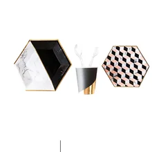 Wedding Birthday Decoration Party Supplies 40 Marble Pattern Disposable Tableware Set Disposable Paper Tray Straw Cup Black