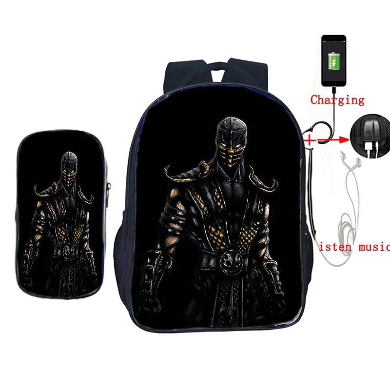 2 шт./компл. USB зарядка школьная сумка Скорпион в mmoral Kombat X маска рюкзак для подростков рюкзак для студентов повседневный рюкзак для ноутбука - Цвет: 1
