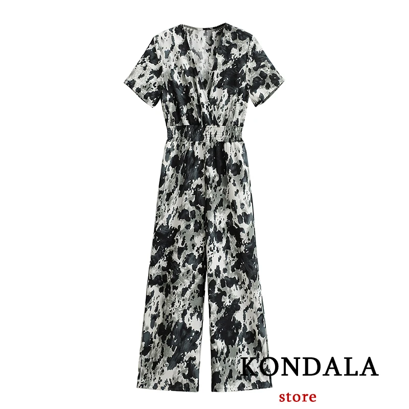 

KONDALA Women's Jumpsuit Za Fashion 2021 Tie Dye V-Neck Contrast Printing Elegant Elastic Waist Rompers Female Jumpsuit Bodysuit