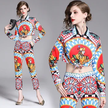 

Runway Designer Suit Set 2019 Summer Women Long Sleeve Soldier Printing Lace-up Sexy Crop Top+Pencil Pant Set 2-Piece Set