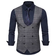 Spring And Autumn New Products Men Waistcoat Fashion Casual U-collar Double Breasted Plaid Waistcoat Batch