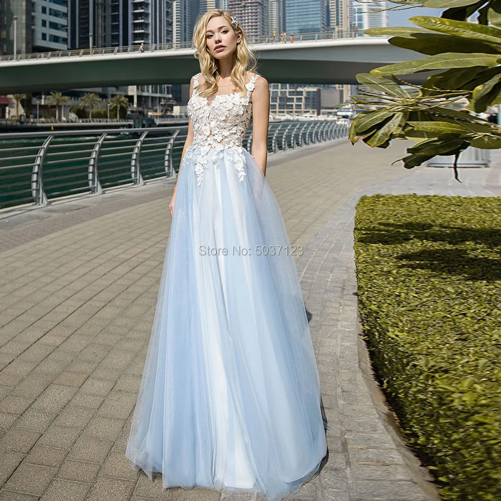 Синие пляжные свадебные платья трапециевидной формы без рукавов с кружевным орнаментом иллюзия свадебное платье Robe De Mariage Vestido De Noiva