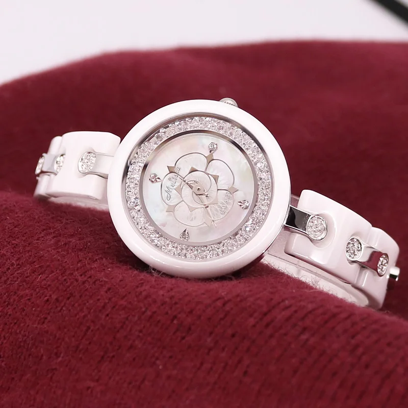 Silver White Вращающийся цветок камелии Мелисса женские часы модный керамический браслет стразы роскошный кристалл девушка подарок на день рождения - Цвет: Silver White