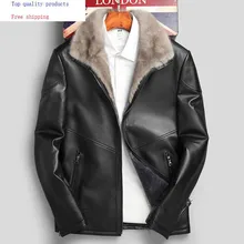 Мужская куртка из натуральной кожи, зимняя овчина, шуба, норковый меховой воротник, шерстяная подкладка, овчина, кожаные пальто 7136