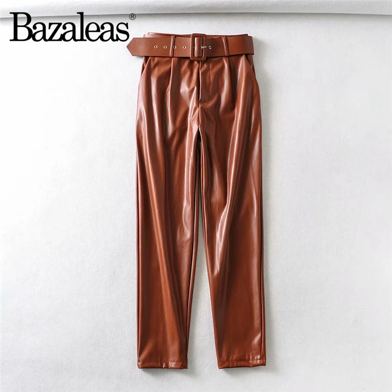 Bazaleas повседневные Прямые брюки цвета хаки из искусственной кожи, базовые брюки, длинные брюки в стиле ретро, офисные женские брюки с поясом и высокой талией - Цвет: 1472 khaki TR19