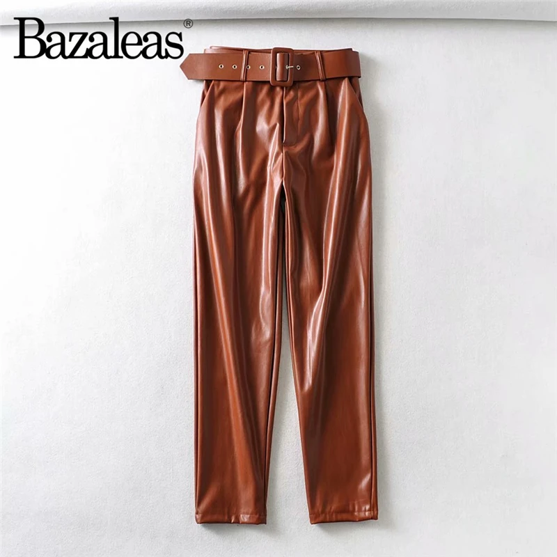 1472 khaki TR19 Bazaleas повседневные Прямые брюки цвета хаки из искусственной кожи, базовые брюки, длинные брюки в стиле ретро, офисные женские брюки с поясом и высокой талией - Цвет: 1472 khaki TR19