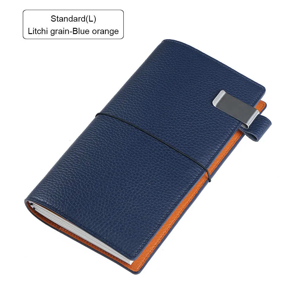 Litchi Blue Orange L Кожаный блокнот с зернистой текстурой личи, многоразовый органайзер для путешествий с внутренним карманом, отделениями для карт, Воловья кожа, дневник, блокнот для зарисовок, планировщик - Цвет: Litchi Blue Orange L