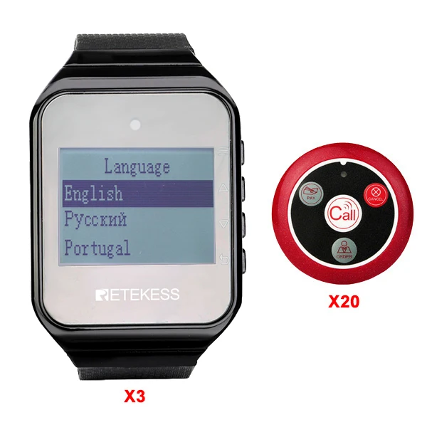RETEKESS Беспроводная система вызова официанта обслуживание клиентов Ресторан 3 шт. TD108 часы приемник+ 20 шт. кнопка вызова беспроводные пейджеры - Цвет: Black-EN-RU-PT
