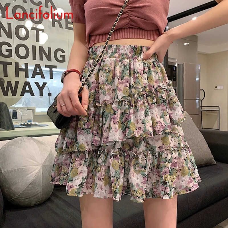 

Floral Ruffle Tiered Chiffon Pleated Mini Skirt Women Cake Elastic High Waist Kawaii Miniskirt Ladies Summer Vintage A Line skir