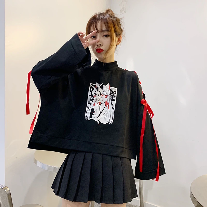 Японская Лолита Винтаж Harajuku аниме лиса печати на шнуровке с длинными рукавами рубашки с капюшоном темная девушка панк уличная Толстовка Топы