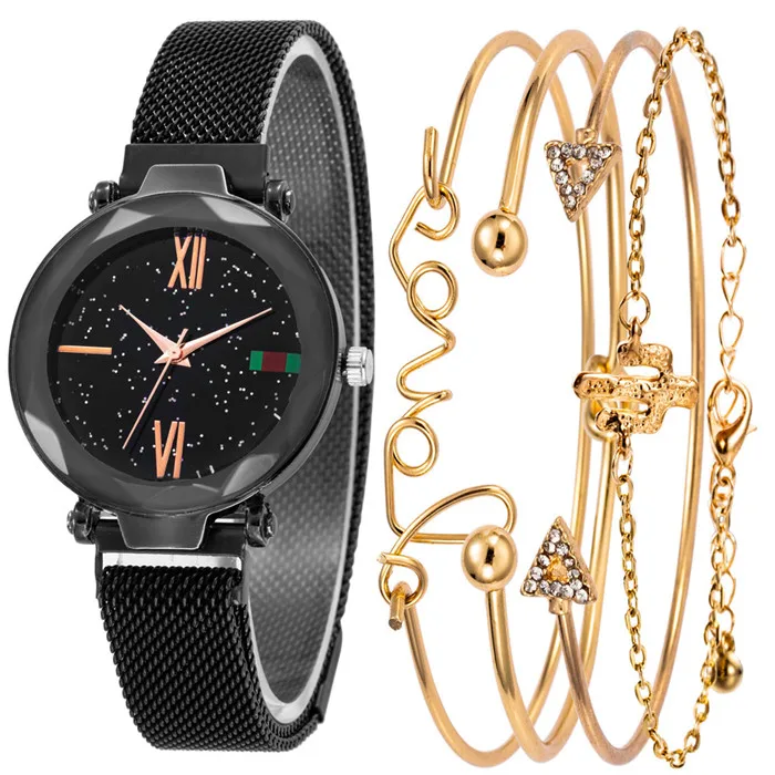 5pcs Luxury Brand Ladies Watches Women Watches Starry Sky Watch Quartz Diamond Wristwatches Montre Femme Relogio Feminino - Цвет: 2-Black