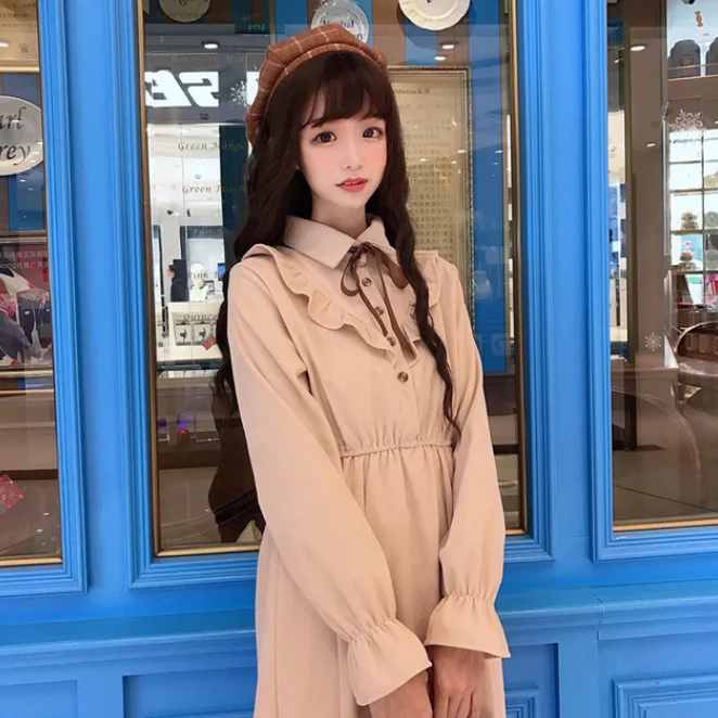Missy, винтажный стиль, женская одежда, для косплея, для девочек, с бантом, длинный рукав-труба, платье, милое, ретро, готическое, Лолита, платье - Цвет: Apricot dress