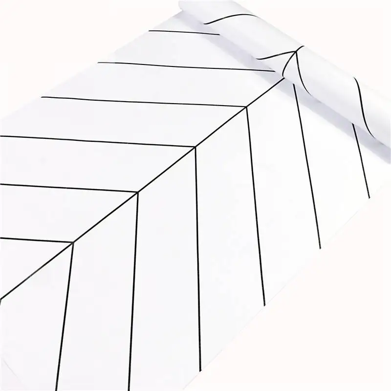 HaoHome-흰색과 검은 색 기하학적 접촉 종이 검은 색 줄무늬 껍질과 스틱 벽지, 현대 이동식 자체 접착 벽 종이