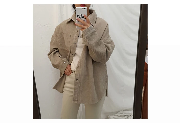 Новые вельветовые куртки Harajuku для женщин, осенне-зимние пальто размера плюс, женские большие Топы, милые Куртки, одноцветная одежда