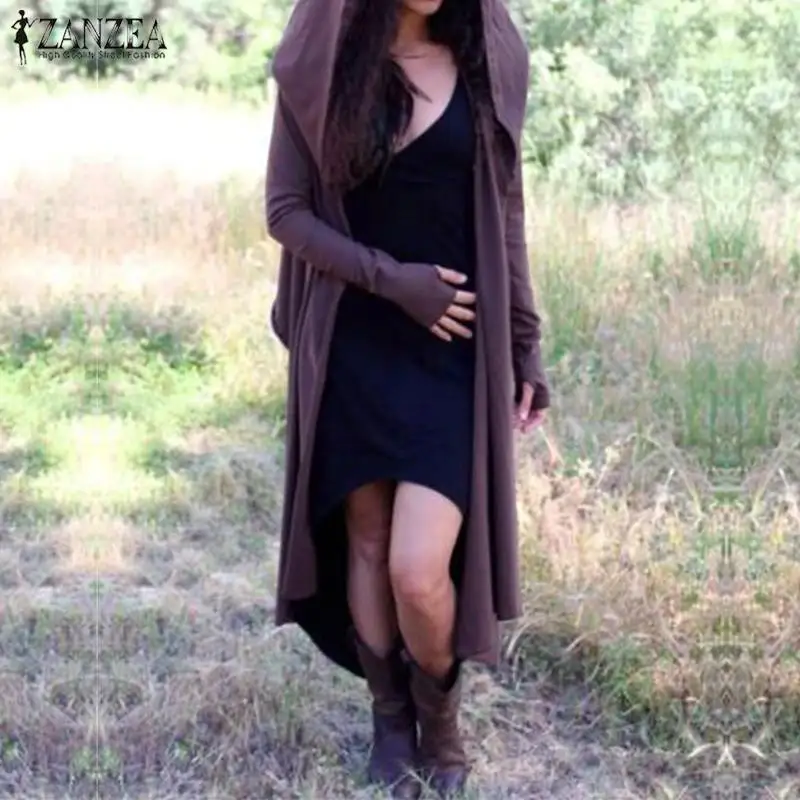 Женские кардиганы, пальто, ZANZEA Kaftan, верхняя одежда с длинным рукавом, одноцветные рубашки, женские повседневные блузы с капюшоном, пальто размера плюс, туника