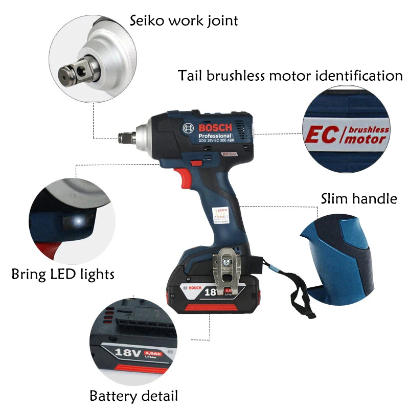 Bosch GDS 18V-EC 300ABR ударный гайковерт 18V литий-ионная аккумуляторная батарея бесщеточный Электрический ударный гайковерт ключ, дюймовый стандарт GDS 18V-EC 300ABR