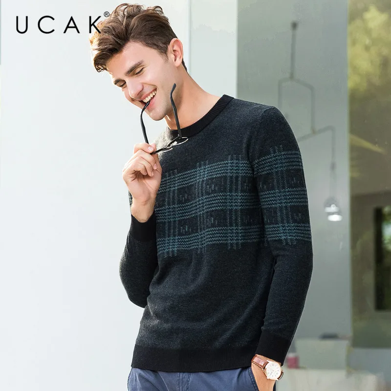 Deals UCAK Brand Pure Merino Wool Sweater Men Streetwear Fashion Plaid Pull Homme Autumn Winter Pullover Men Cashmere Sweaters U3080