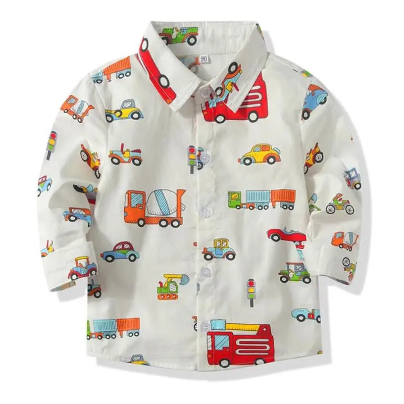 Baby Boy Kids British Autumn Long-Sleeves Cartoon Car Full Print Flip Collar Personality Comfortable Print Cotton Casual Shirt