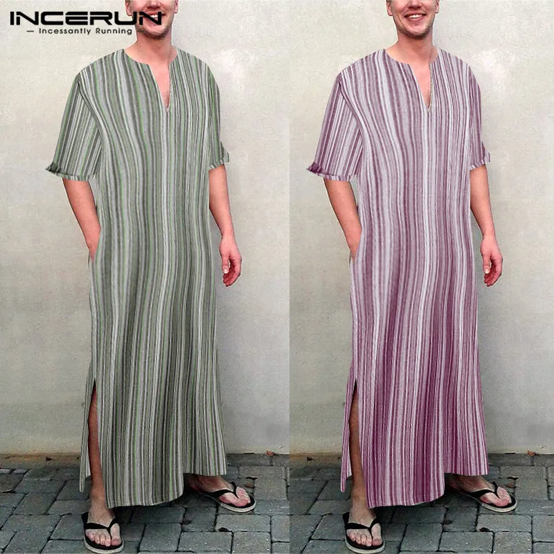 

INCERUN Striped Men Islamic Kaftan Saudi Arabia Cotton Dubai Muslim Jubba Thobe V Neck Long Sleeve Loose Vintage Men Robes 2019