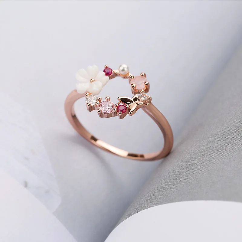

Boho Style CZ Ring Jewelry Zircon Crystals Imitation Pearls Flower Rings For Women Statement Rose Gold Color Engagement Wedding
