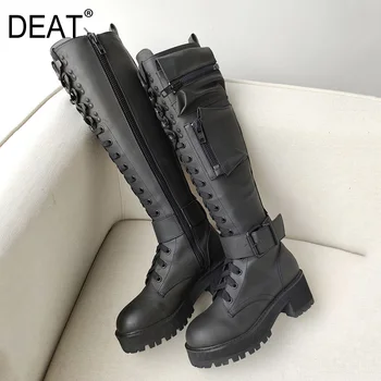 

[DEAT] 2019 Round Toe Bandage Belt Buckle Strap Personality Pu Leather Velvet Women Long Boots New Autumn Winter Fashion 10E621